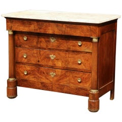 Antique 19th Century French Empire Walnut Four-Drawer Commode with White Marble Top