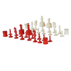 Retro Late 19th Century Hand-Carved Bone Small Size Chess Pieces for Travelers