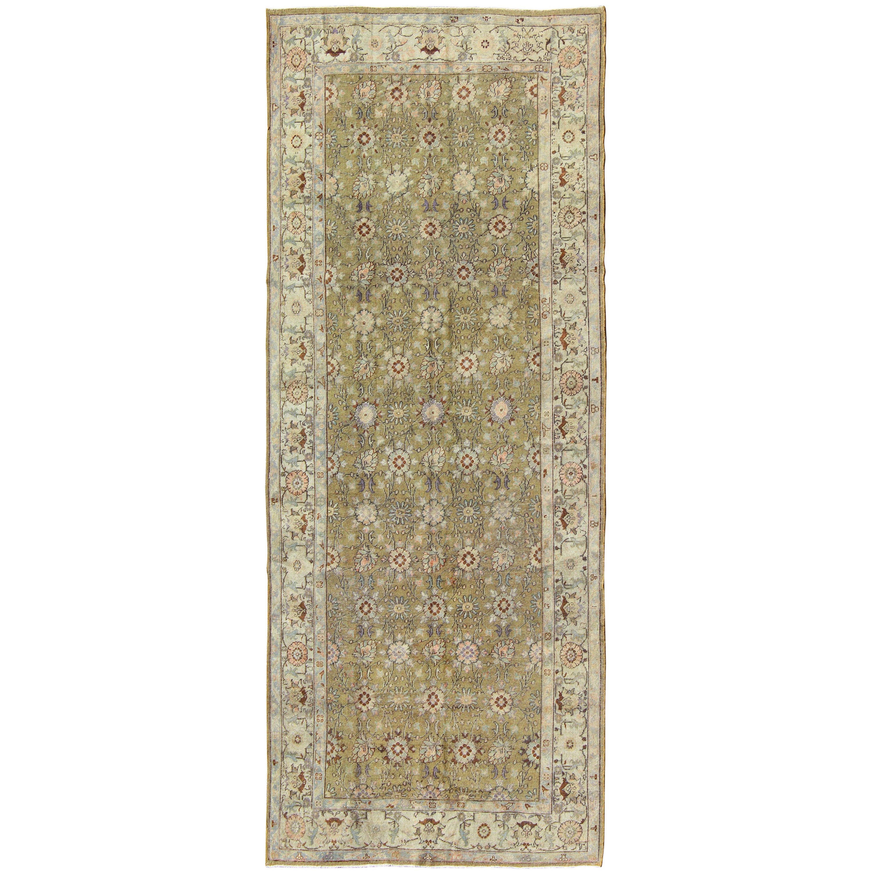 Green Background Antique Oushak Rug with Silver and Light Blue Border For Sale
