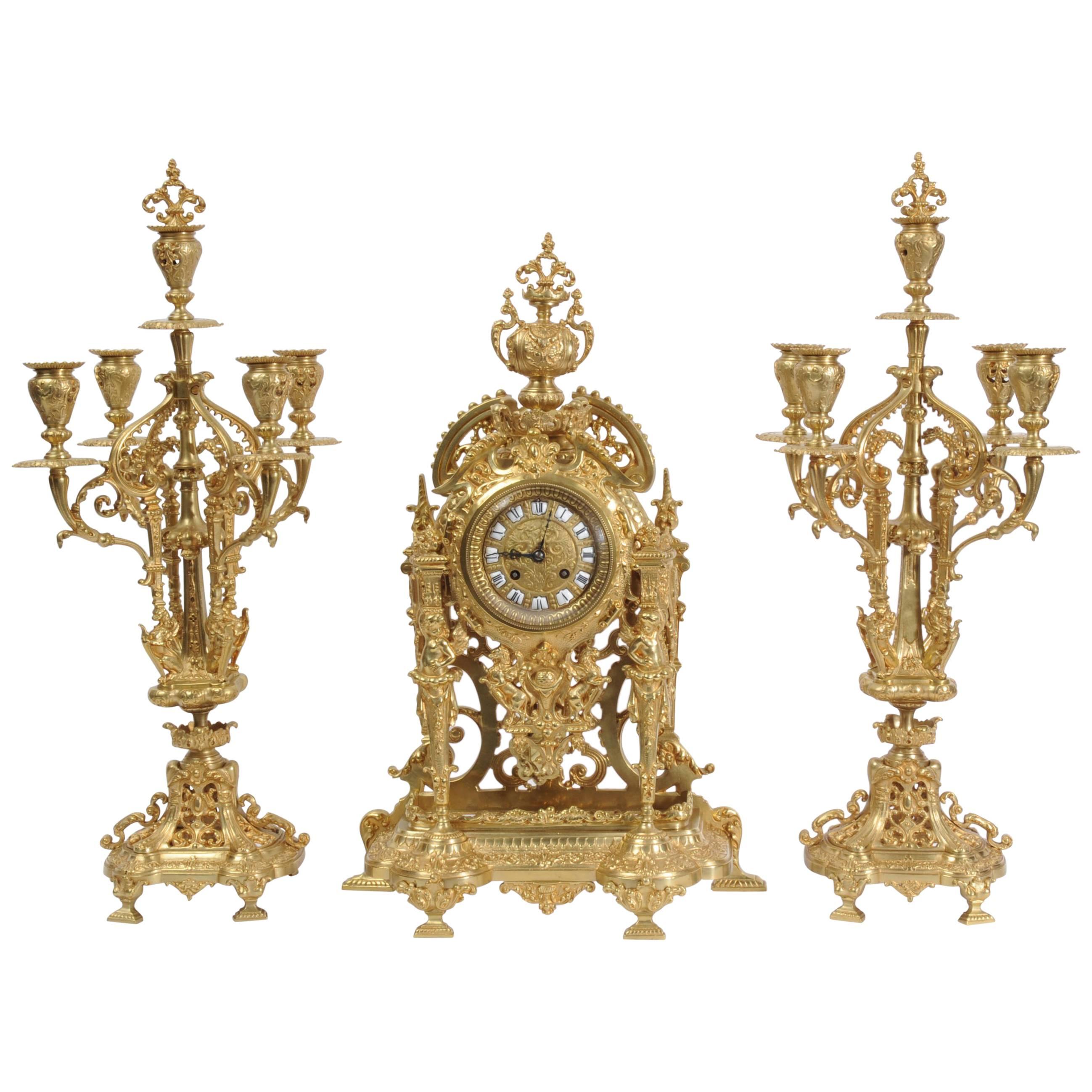 Large and Stunning Gilt Bronze Clock Set with Visible Pendulum