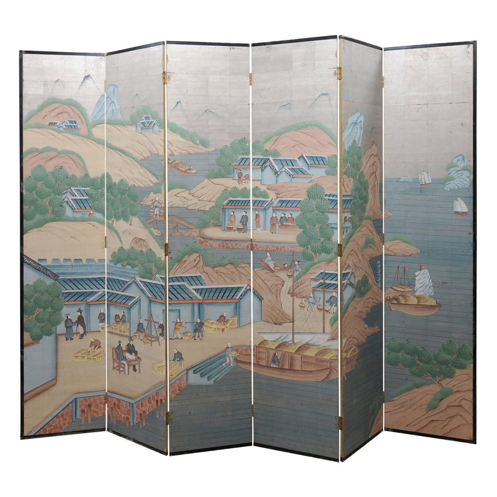 6-Panel Painted Paper Folding Screen with Chinese Scenes, Mid-20th Century