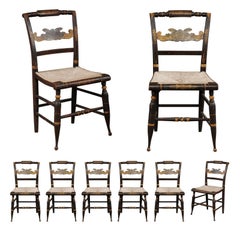 Pair of Fancy Sheraton Painted Side Chairs with Gilt Decoration & Rush Seats
