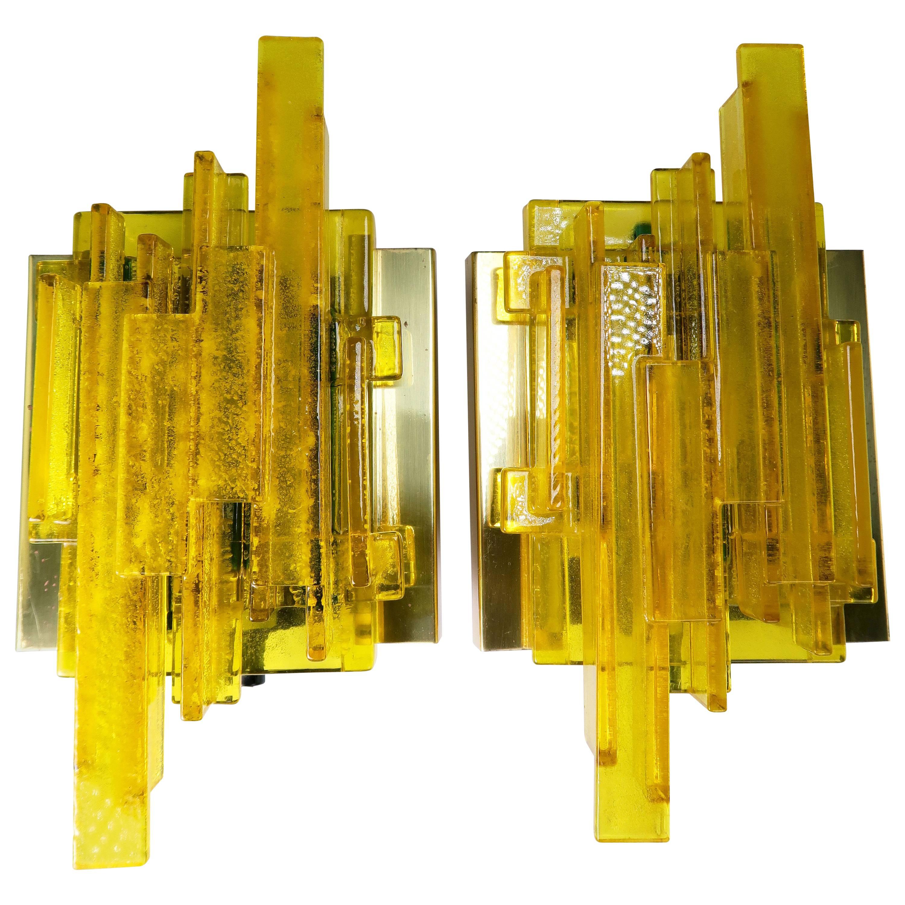 Two Claus Bolby Danish Midcentury Space Age Yellow Acrylic Wall Lights, 1970s