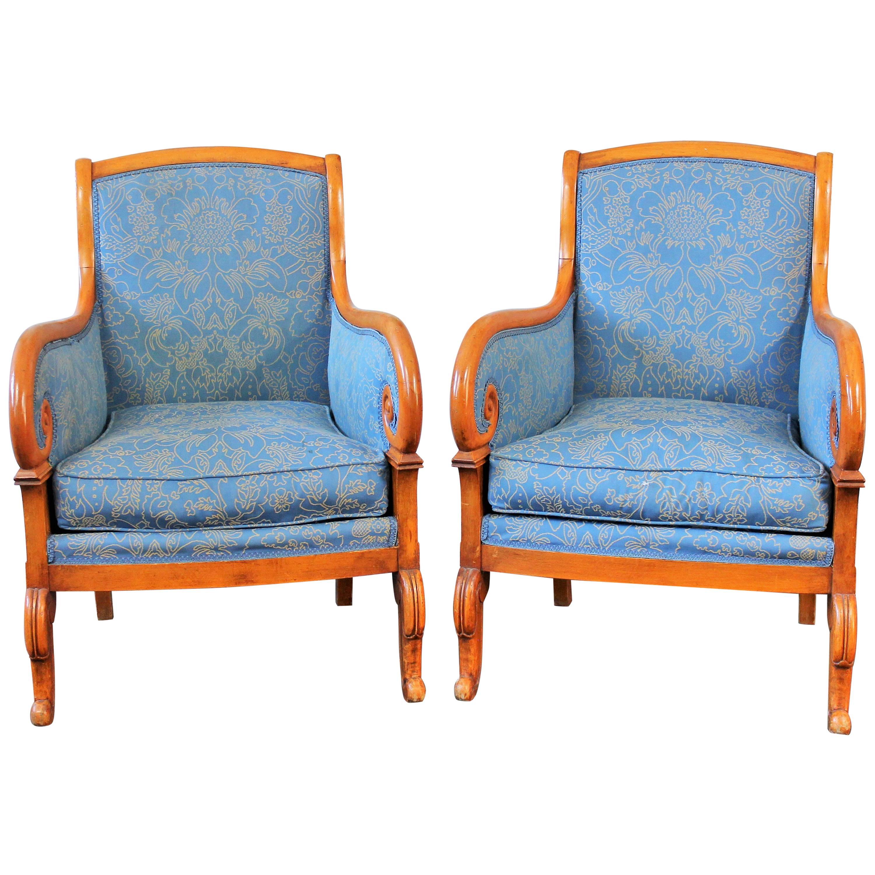 Louis-Philippe Period Bergeres Armchairs in Fruitwood