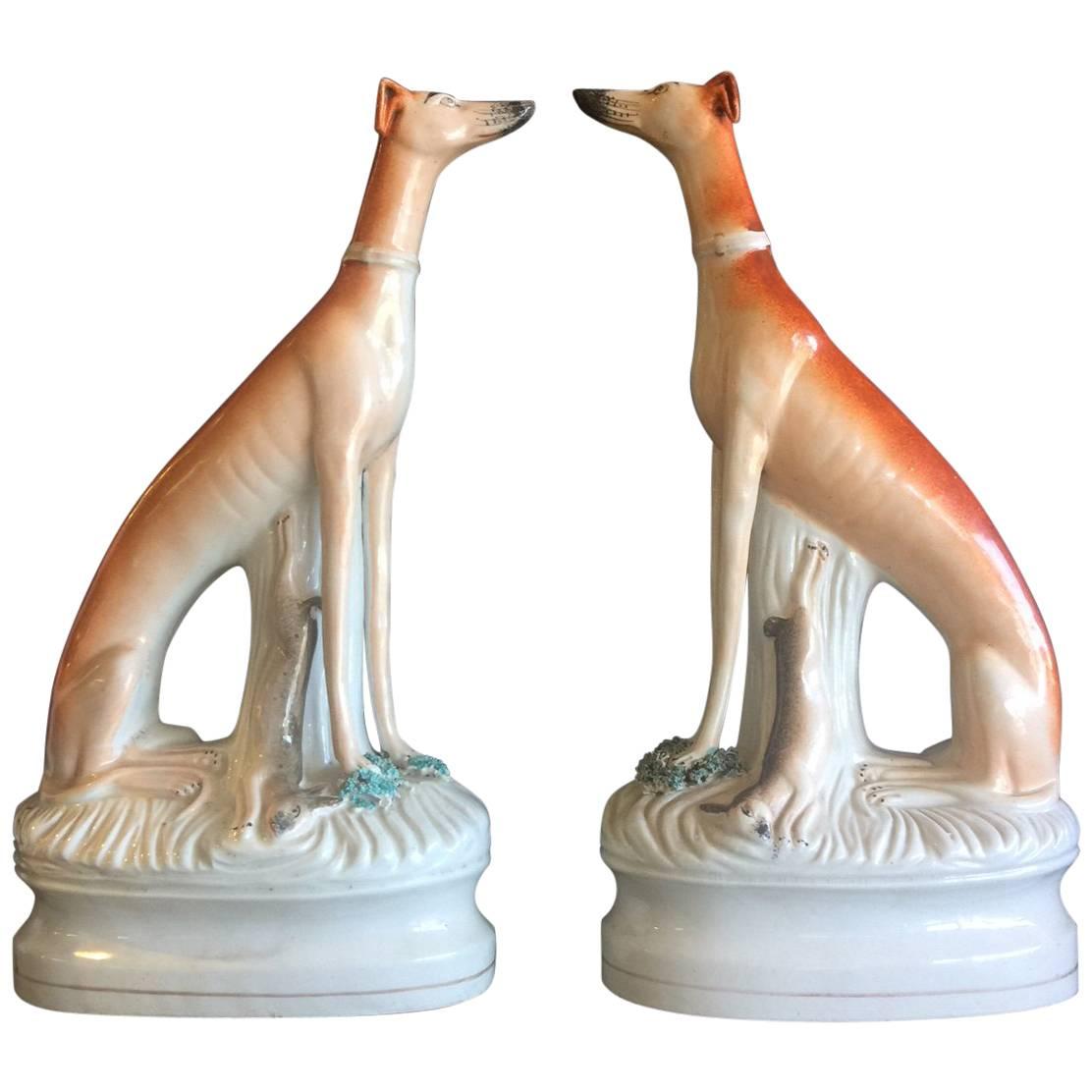 Pair of 19th Century Porcelain Greyhound/Whippet Figurines by Staffordshire