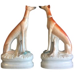 Antique Pair of 19th Century Porcelain Greyhound/Whippet Figurines by Staffordshire