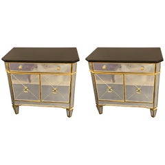 Hollywood Regency Style Pair of Mirrored Marble-Top Nightstands or End Tables