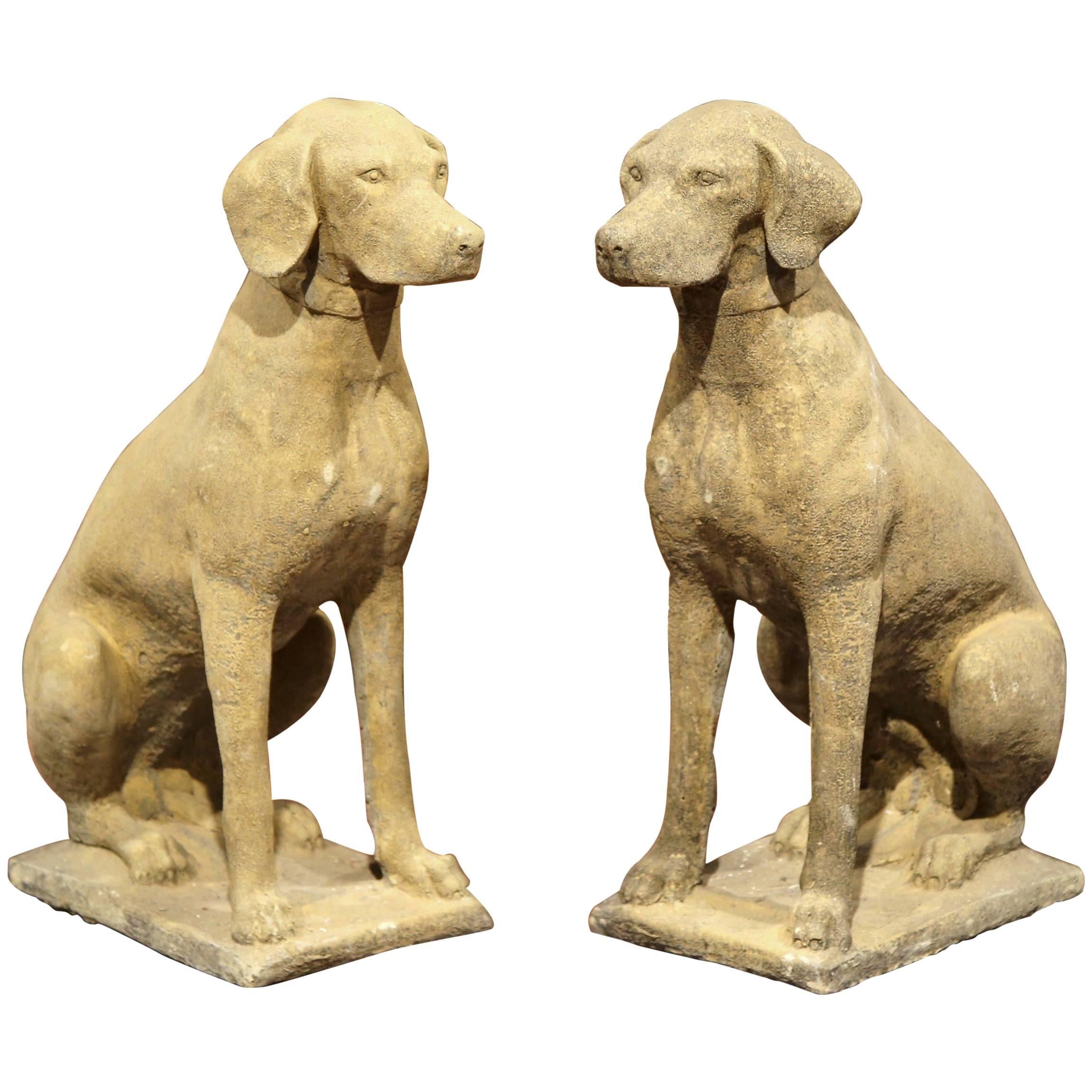 Large Pair of French Concrete Verdigris Patinated Labrador Dog Sculptures