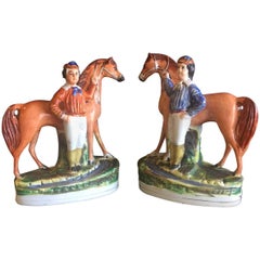 Antique Pair of 19th Century Porcelain Horse & Rider/Jockey Figurines by Staffordshire