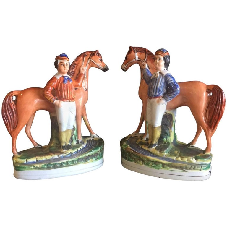 Pair of 19th Century Porcelain Horse and Rider/Jockey Figurines by