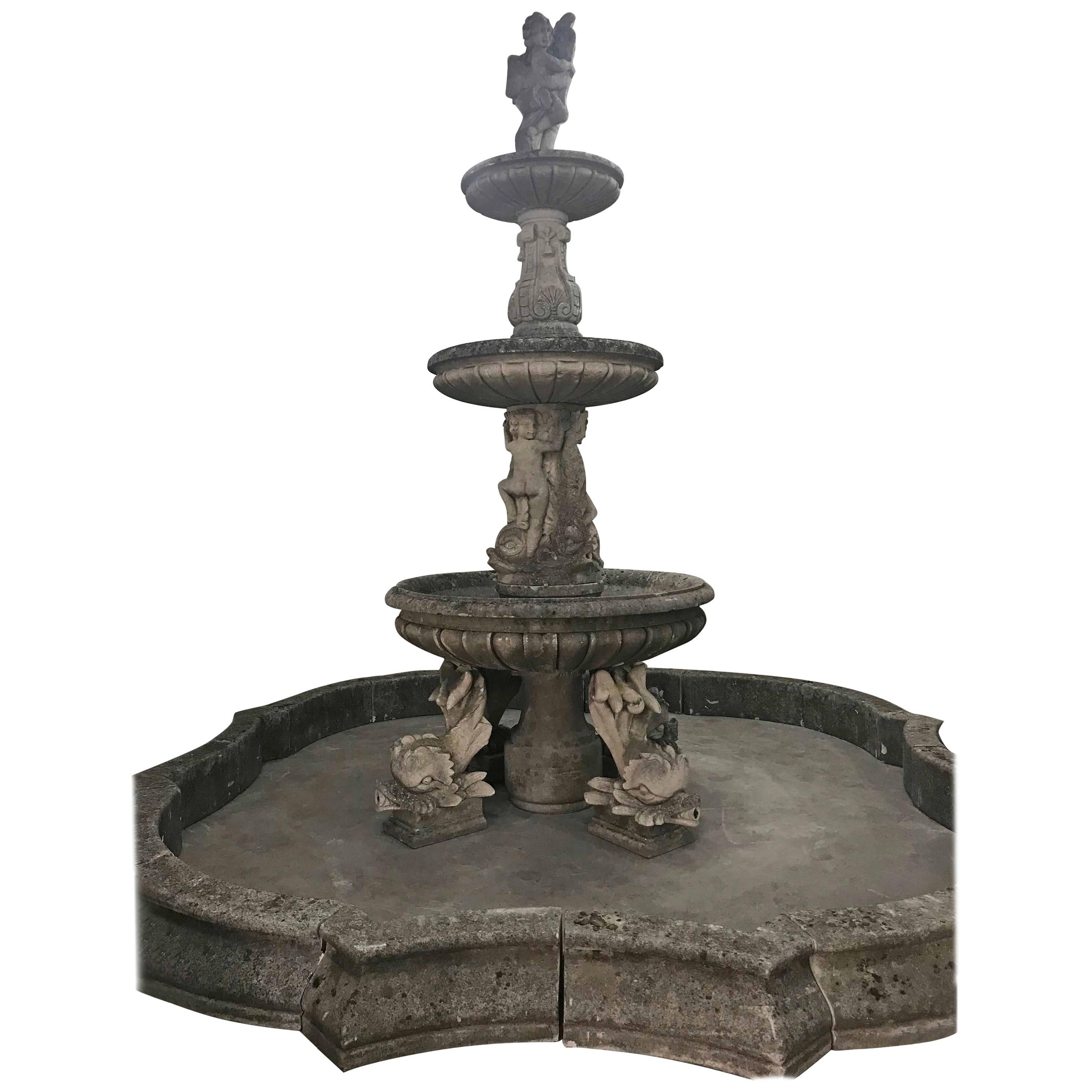Enormous Hand-Carved Antique Limestone Fountain, circa 1850