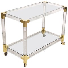 French Drinks Cart Trolley or Bar Cart of Lucite, Brass and Glass