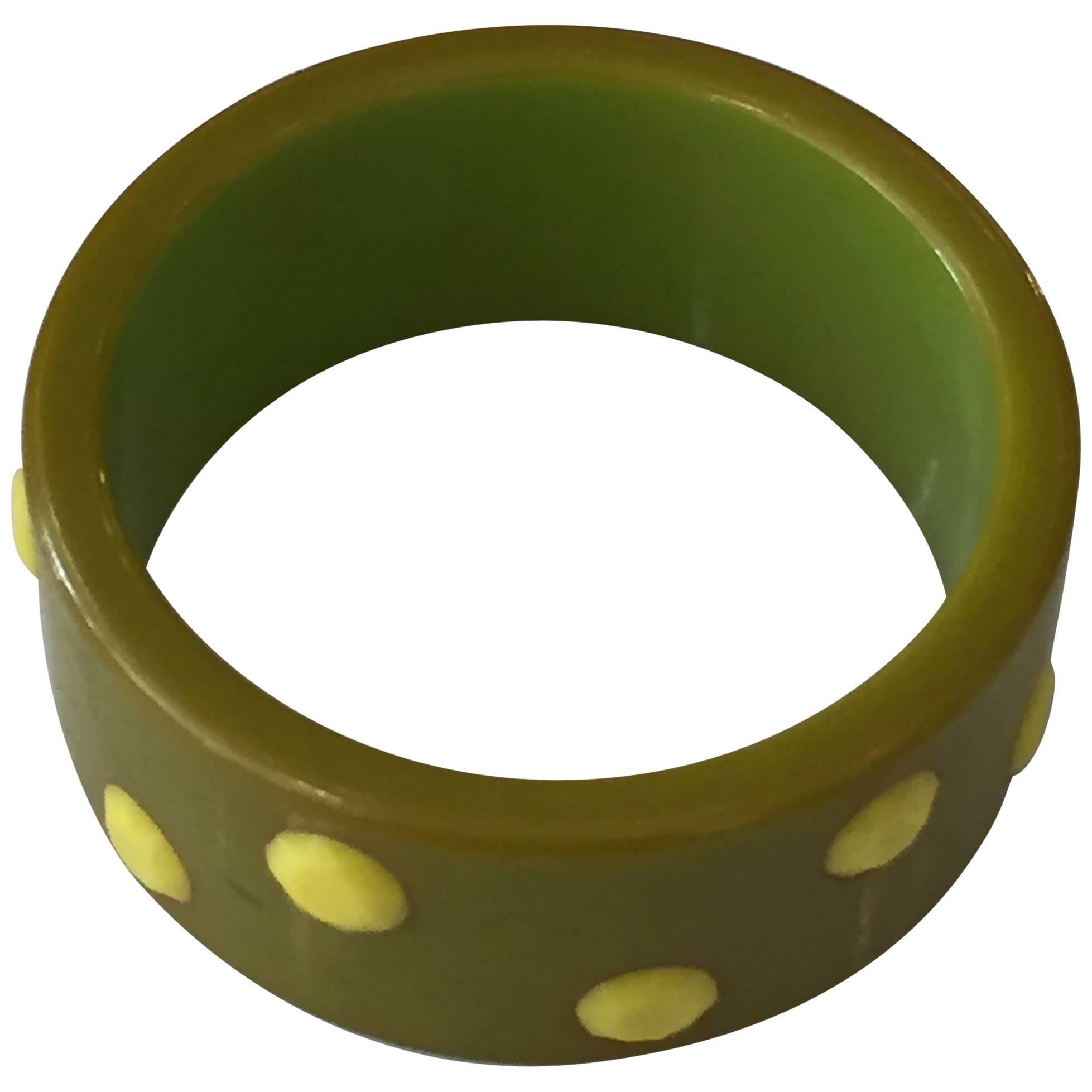 Green and Yellow Polka Dot Celluloid Bakelite Bangle or Cuff Bracelet