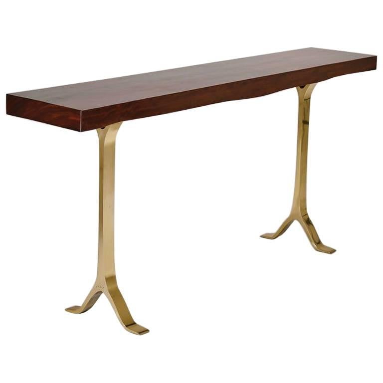 French-Polished Console in Antique Hardwood with Bronze Base by P. Tendercool For Sale