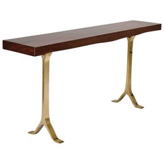 French-Polished Console in Antique Hardwood with Bronze Base by P. Tendercool