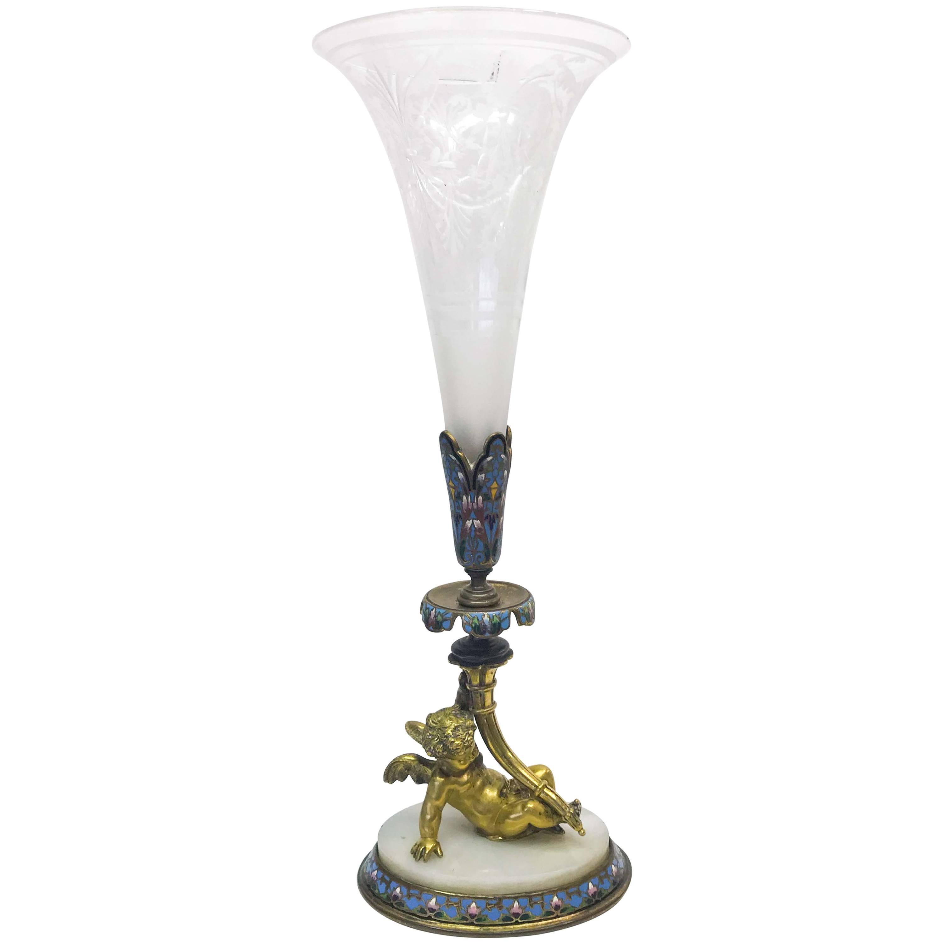 Gilt Bronze Cherubic Crystal Vase For Sale