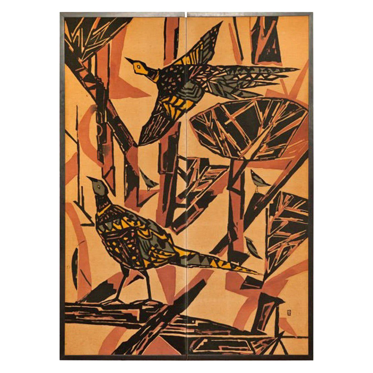 Japanese Two Panel Screen: Pheasants in an Abstract Landscape
