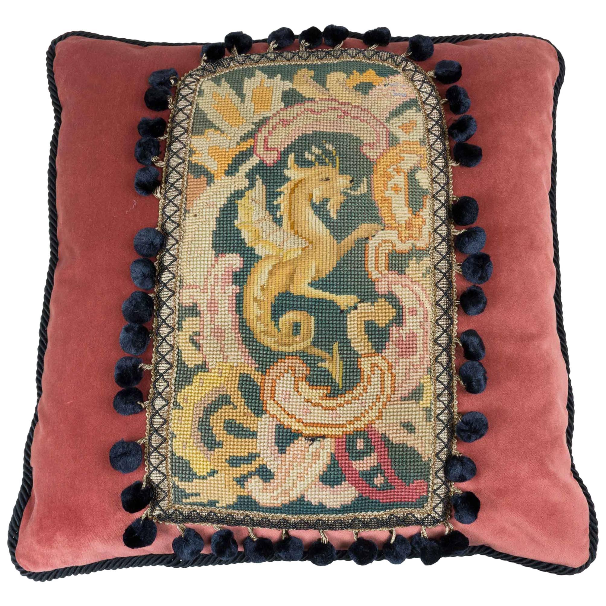 19th Century Griffin Tapestry Pillow on Brown Velvet For Sale