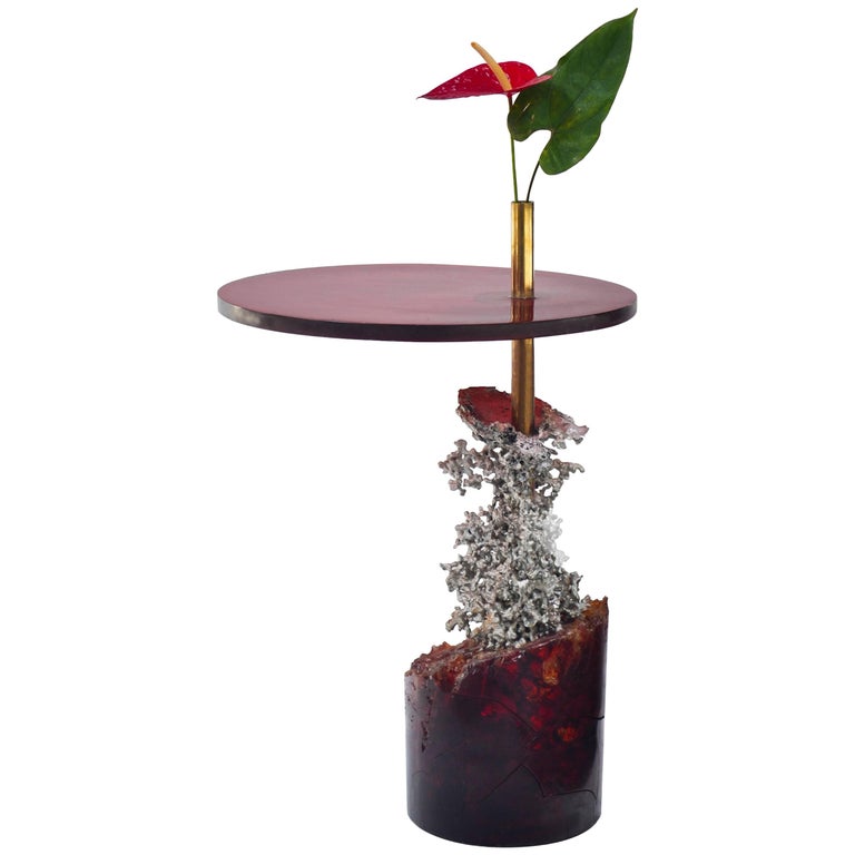 Side Table in Aluminum, Resin and Brass. Unique Piece; Contemporary