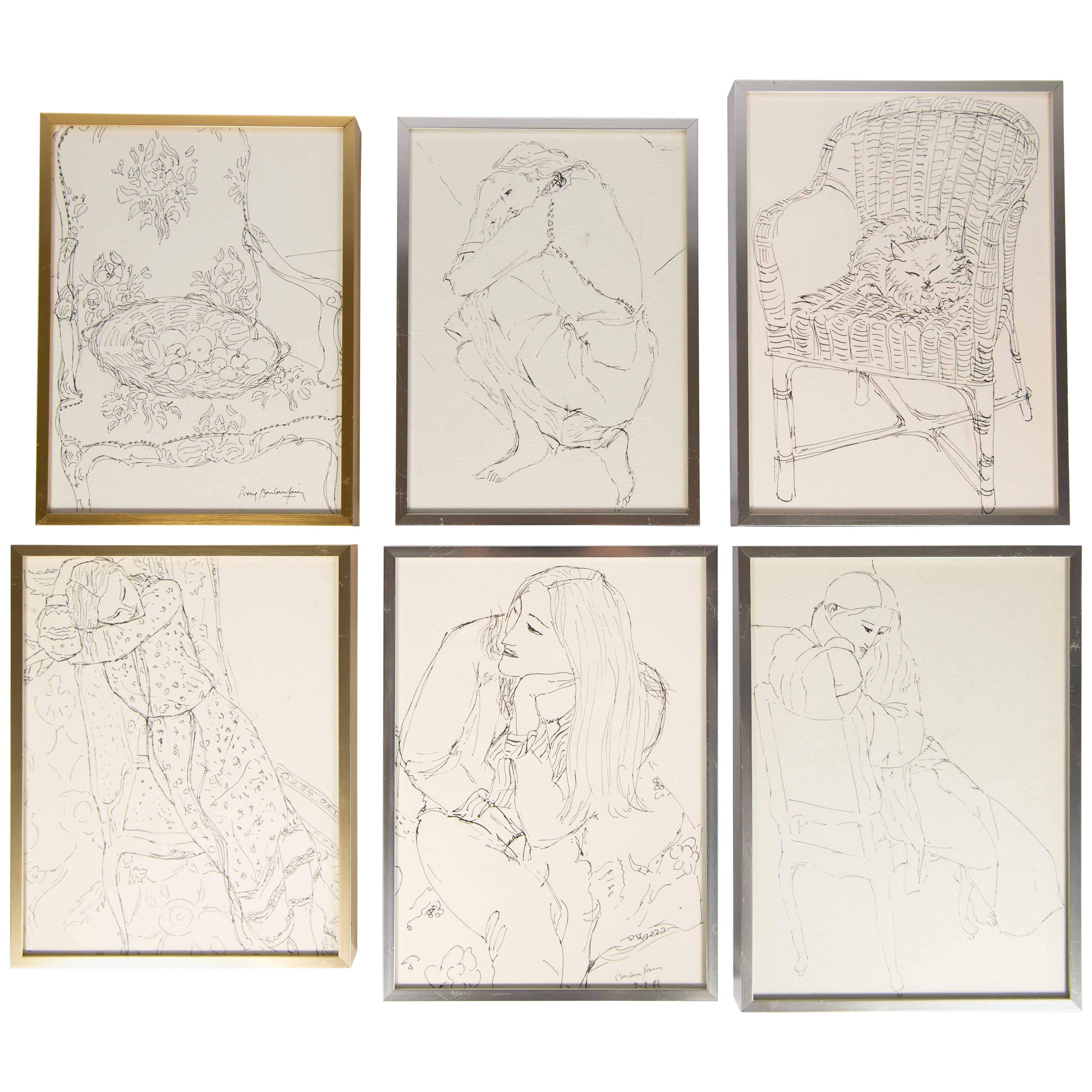 Set of Six Pen Drawings by Pierre Boncompain with New Years Wishes For Sale