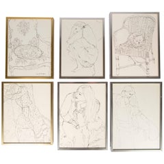 Set of Six Pen Drawings by Pierre Boncompain with New Years Wishes