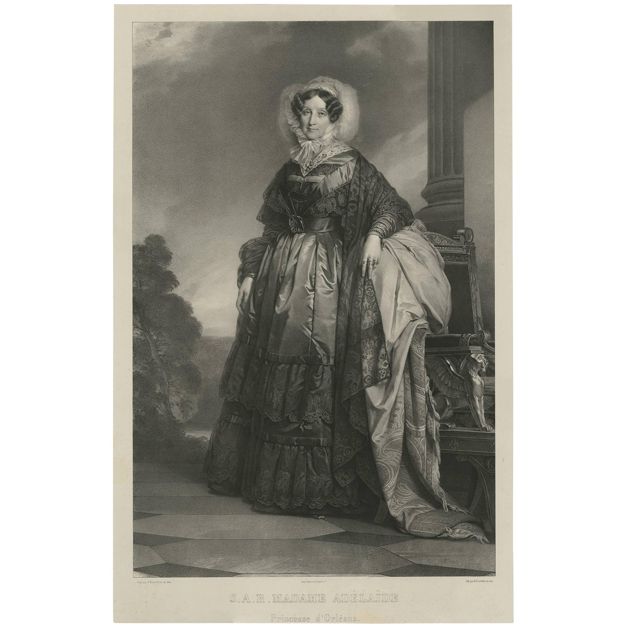 Large Antique Portrait of Princess Adelaide d'Orléans by H. Grevedon, 1842 For Sale