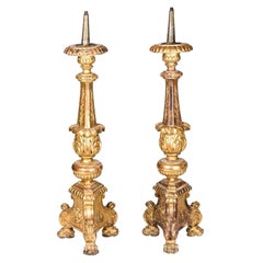 18th Century, Pair of Italian Grand Scale Gold Gilded Pricket Sticks