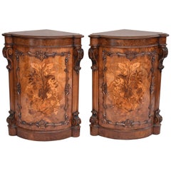19th Century Victorian Pair of Burr Walnut and Marquetry Corner Cabinets