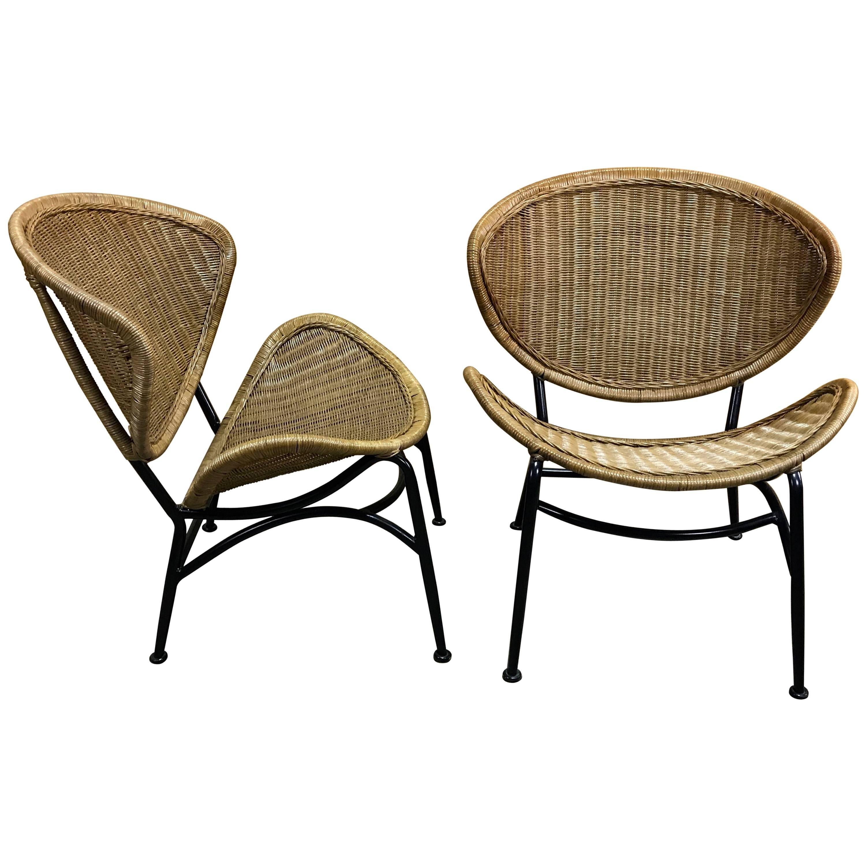 Pair of Midcentury Crescent Shaped Wicker Lounge Chairs, Restored