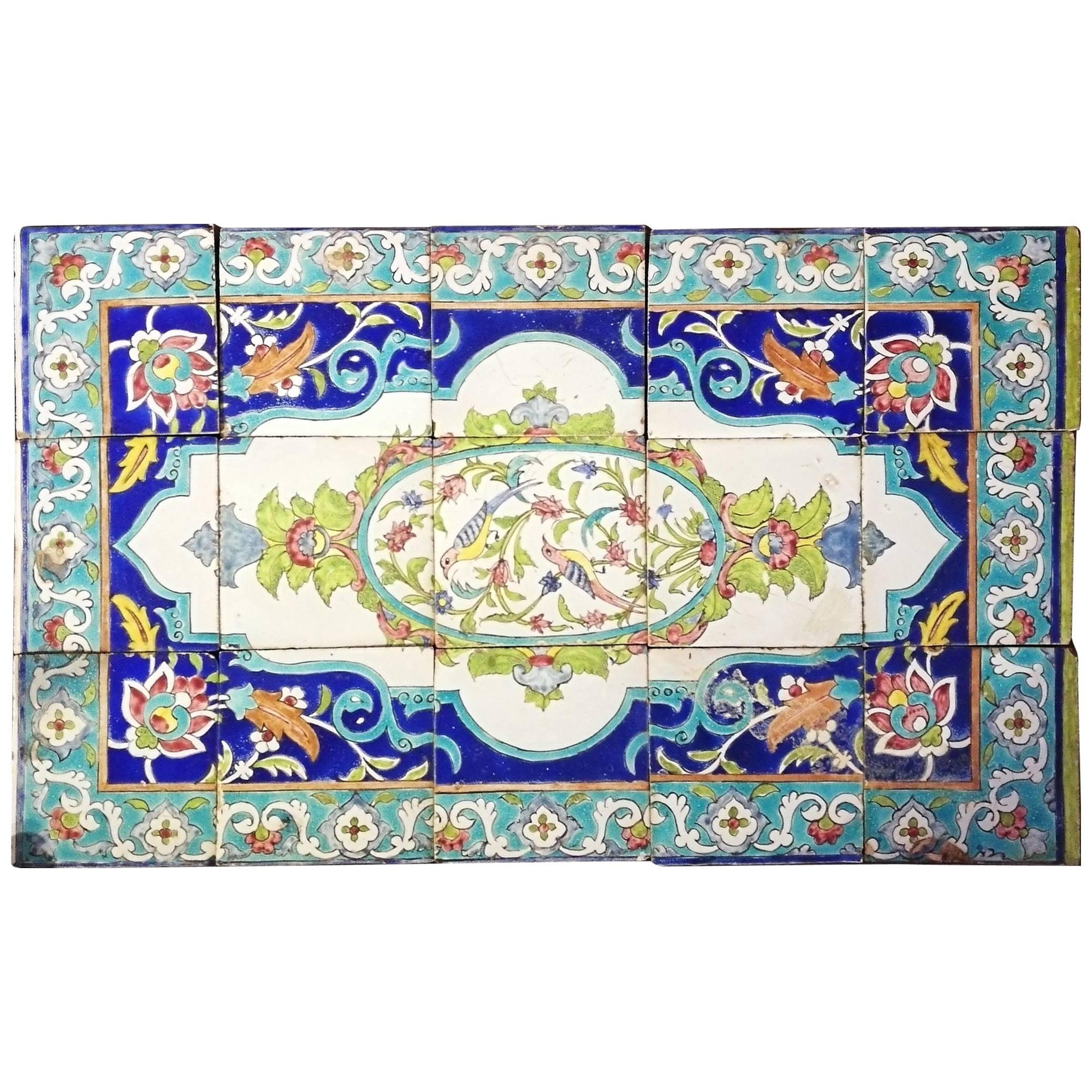 19th Century Turkish Iznik Birds and Flowers Ceramic Panel
