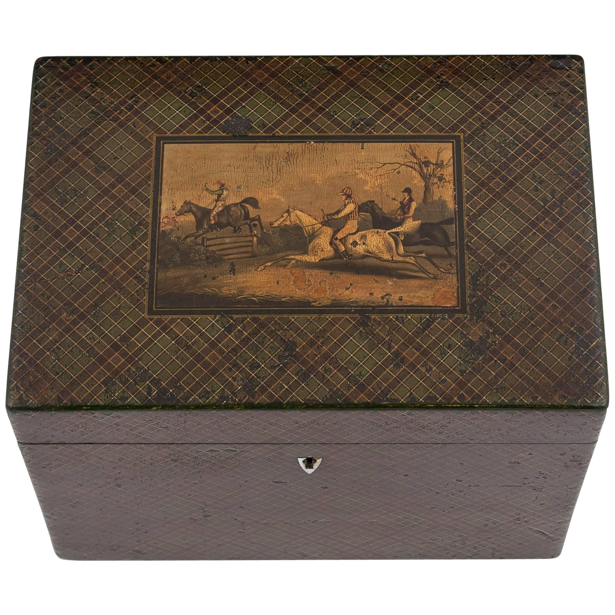 Antique Tartan Ware Steeple Chase Horses Equestrian Tea Caddy, 19th Century