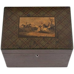 Antique Tartan Ware Steeple Chase Horses Equestrian Tea Caddy, 19th Century