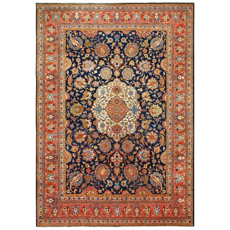 Navy Background Large Antique Tabriz Persian Rug at 1stdibs