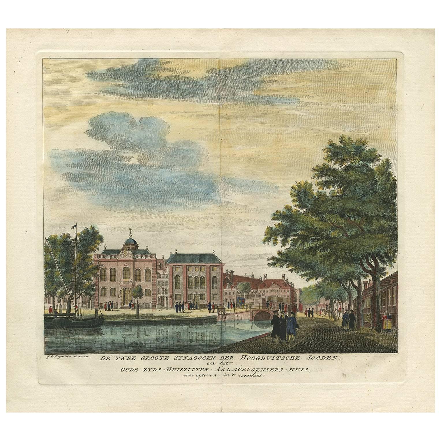 Antiker Druck der jüdischen Synagoge in Amsterdam von J. de Beyer, 1765
