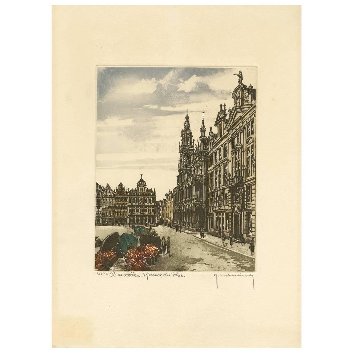 Vintage Color Etching of Brussels 'Belgium' by R. Hebbelinck, circa 1950