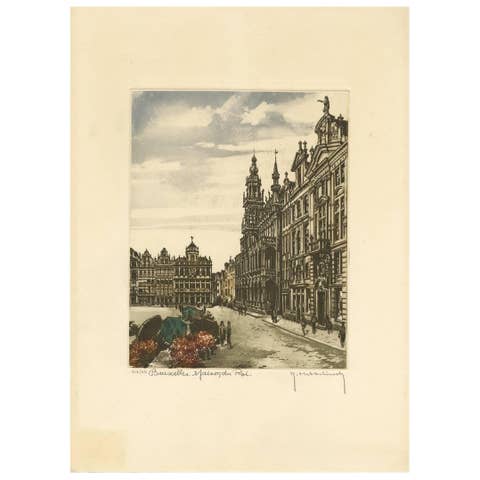 Vintage Color Etching of Brussels 'Belgium' by R. Hebbelinck, circa 1950