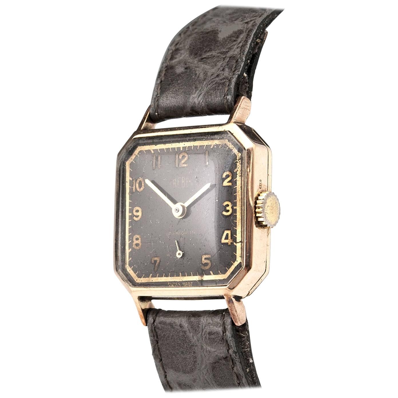 Vintage Trebex 9-Carat Gold Wrist watch with Leather Strap For Sale