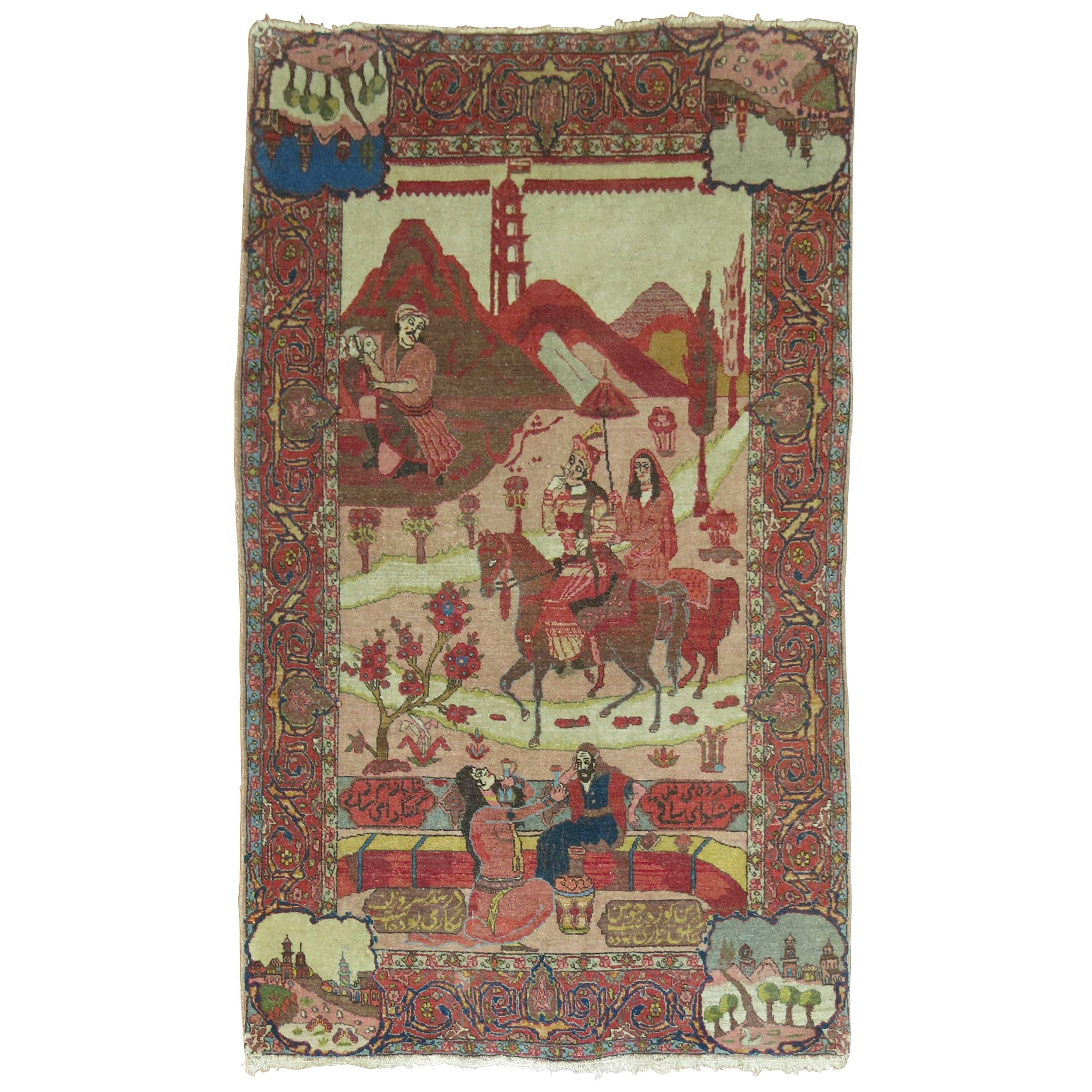Pictorial Poetic Antique Persian Tabriz Carpet 