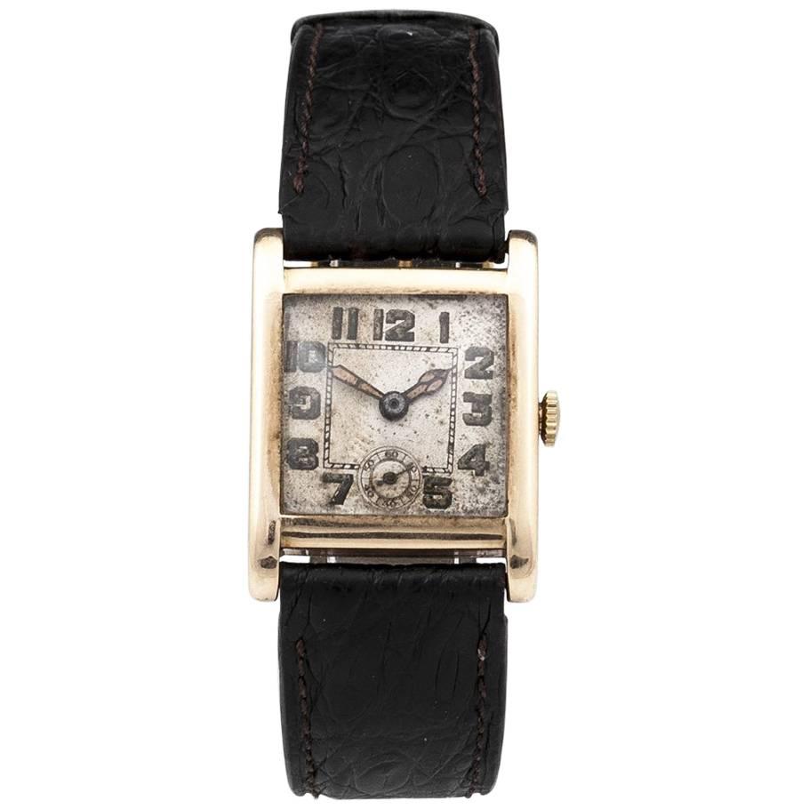 Art Deco Gold Ovida Square Wrist Watch with Leather Strap For Sale