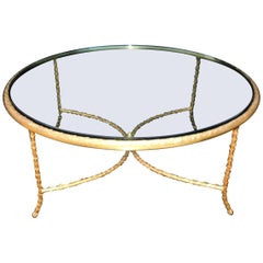 Wonderful French Gilt Bronze Leaf Round P.E. Guerin Glass Coffee Cocktail Table