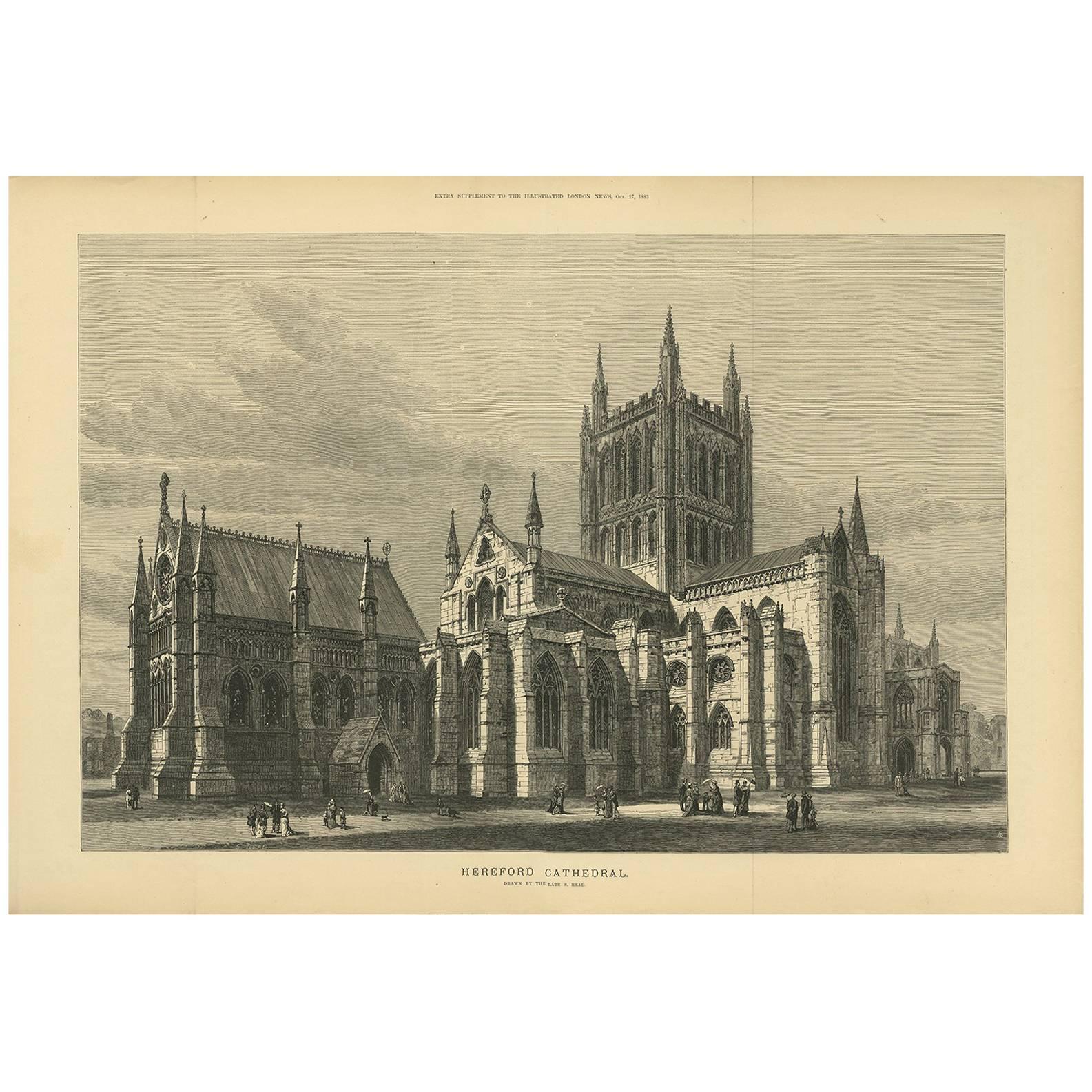 Antique Print of Hereford Cathedral from the Illustrated London News, 1883 For Sale