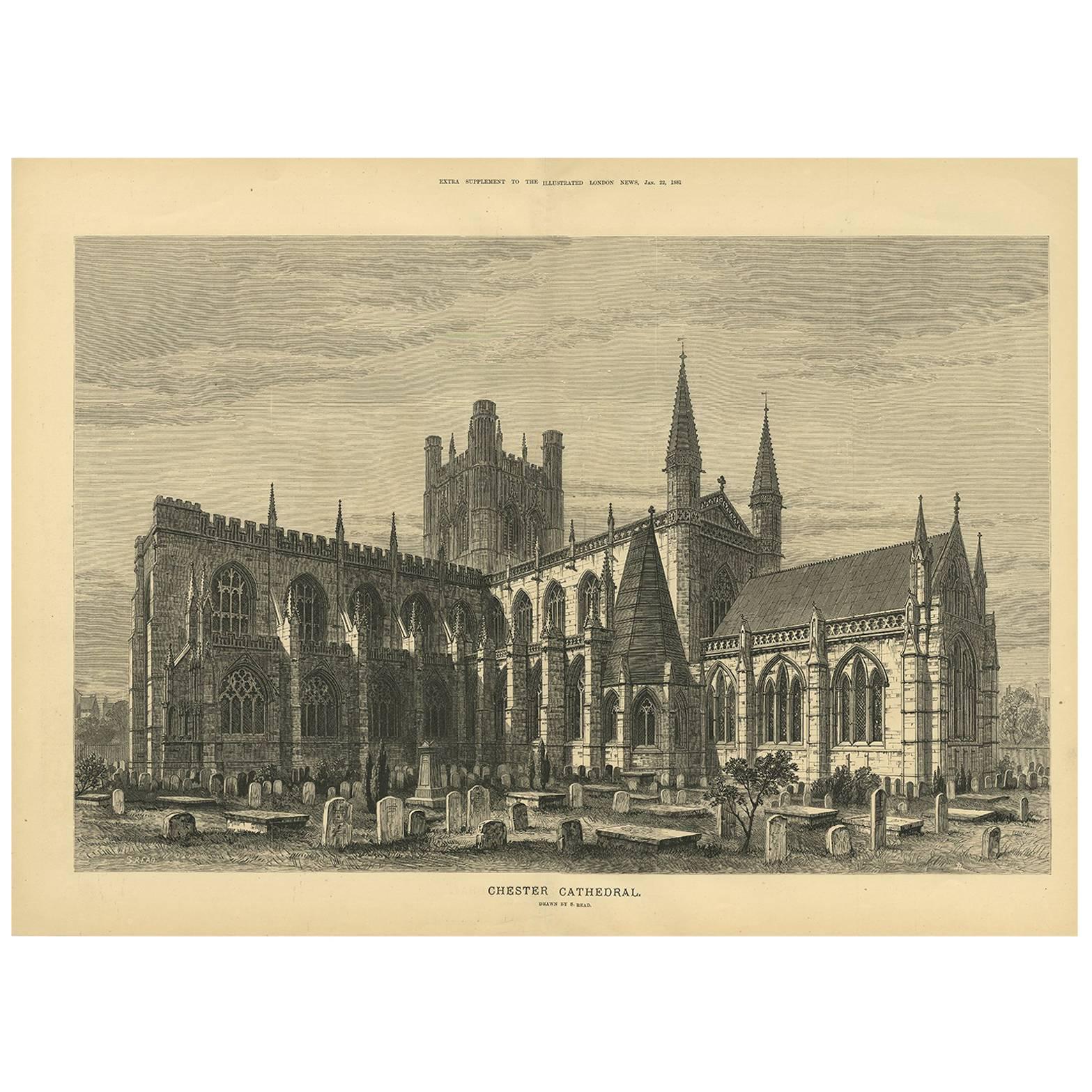 Antique Print of Chester Cathedral from the Illustrated London News, 1881 For Sale