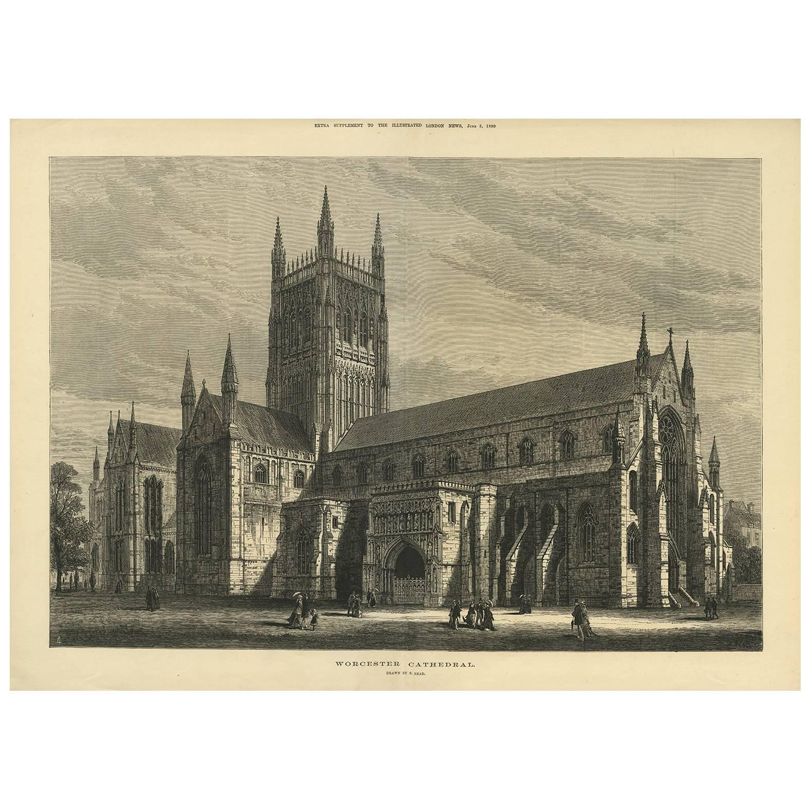 Antique Print of Worcester Cathedral from the Illustrated London News, 1880 For Sale