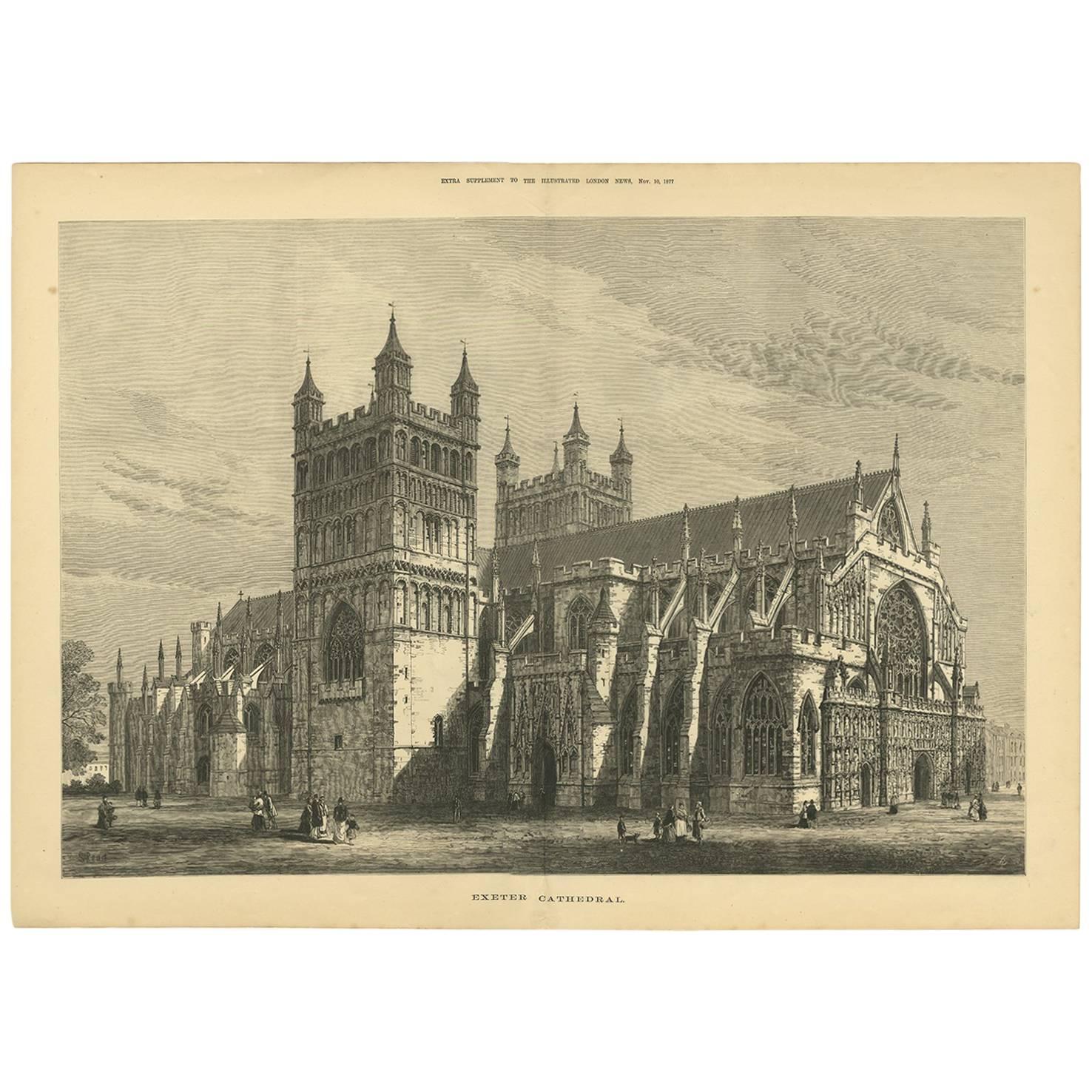 Antique Print of Exeter Cathedral from the Illustrated London News, 1877