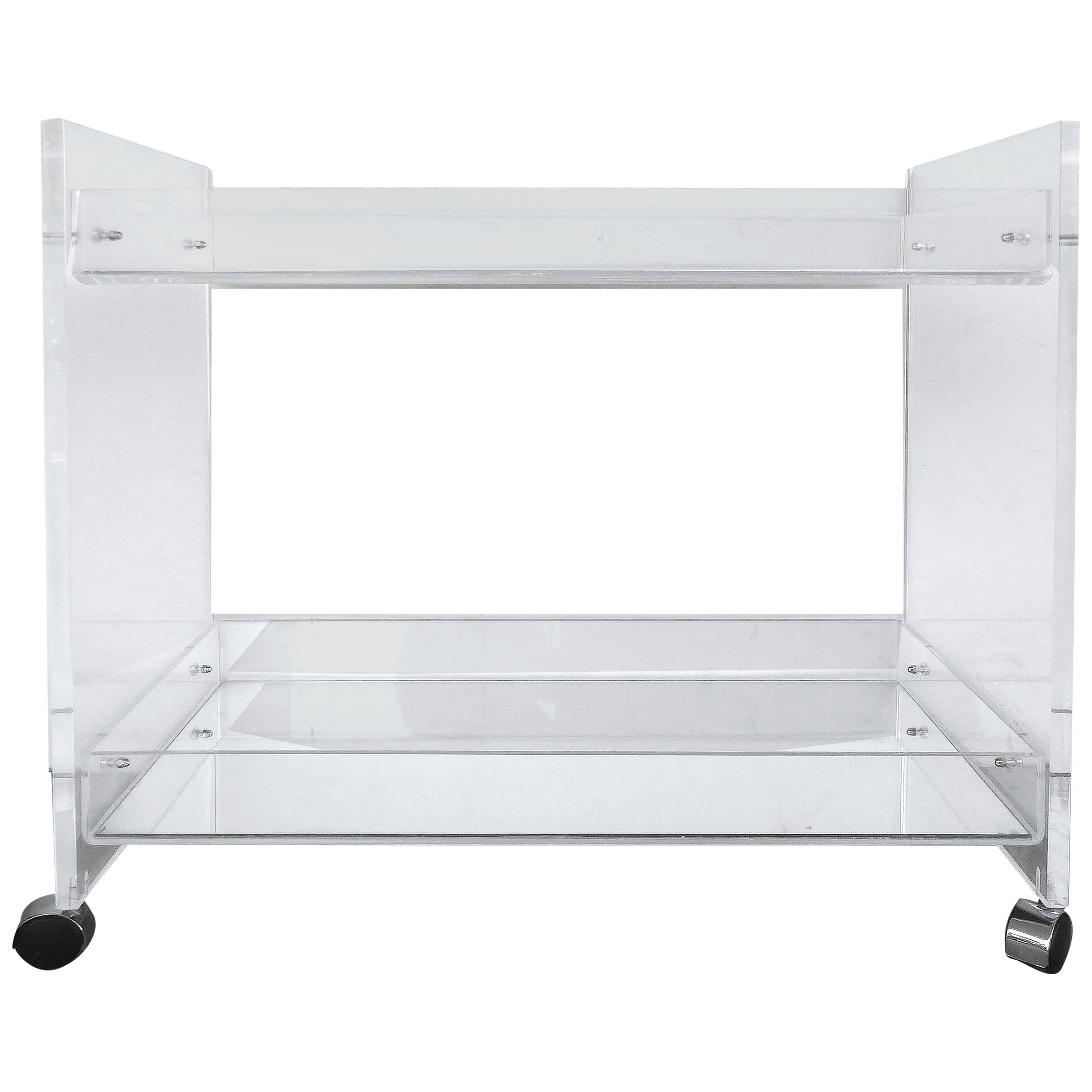 Bi-Level Rolling Lucite Bar Cart with Mirrored Serving Surfaces