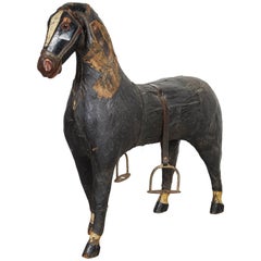 Charming Large Early American Leather and Carved Wood Toy Horse