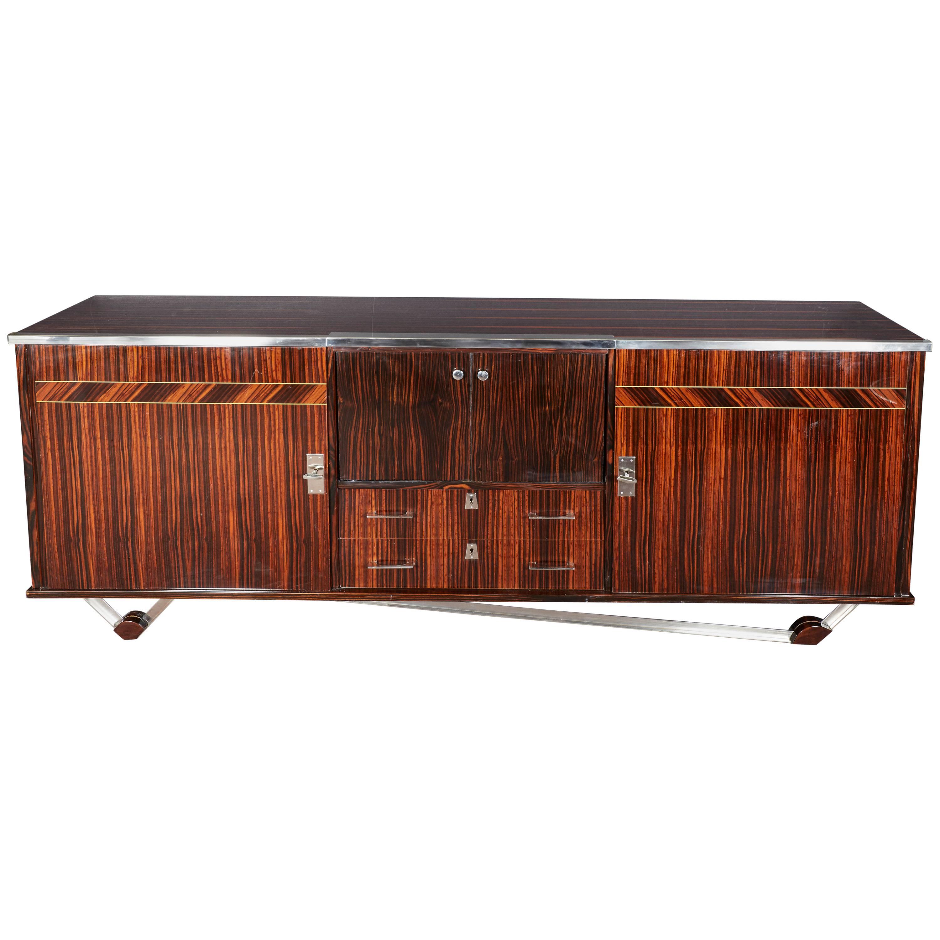 Original French Modern Macassar Ebony Credenza with Nickeled Bronze Mounts For Sale