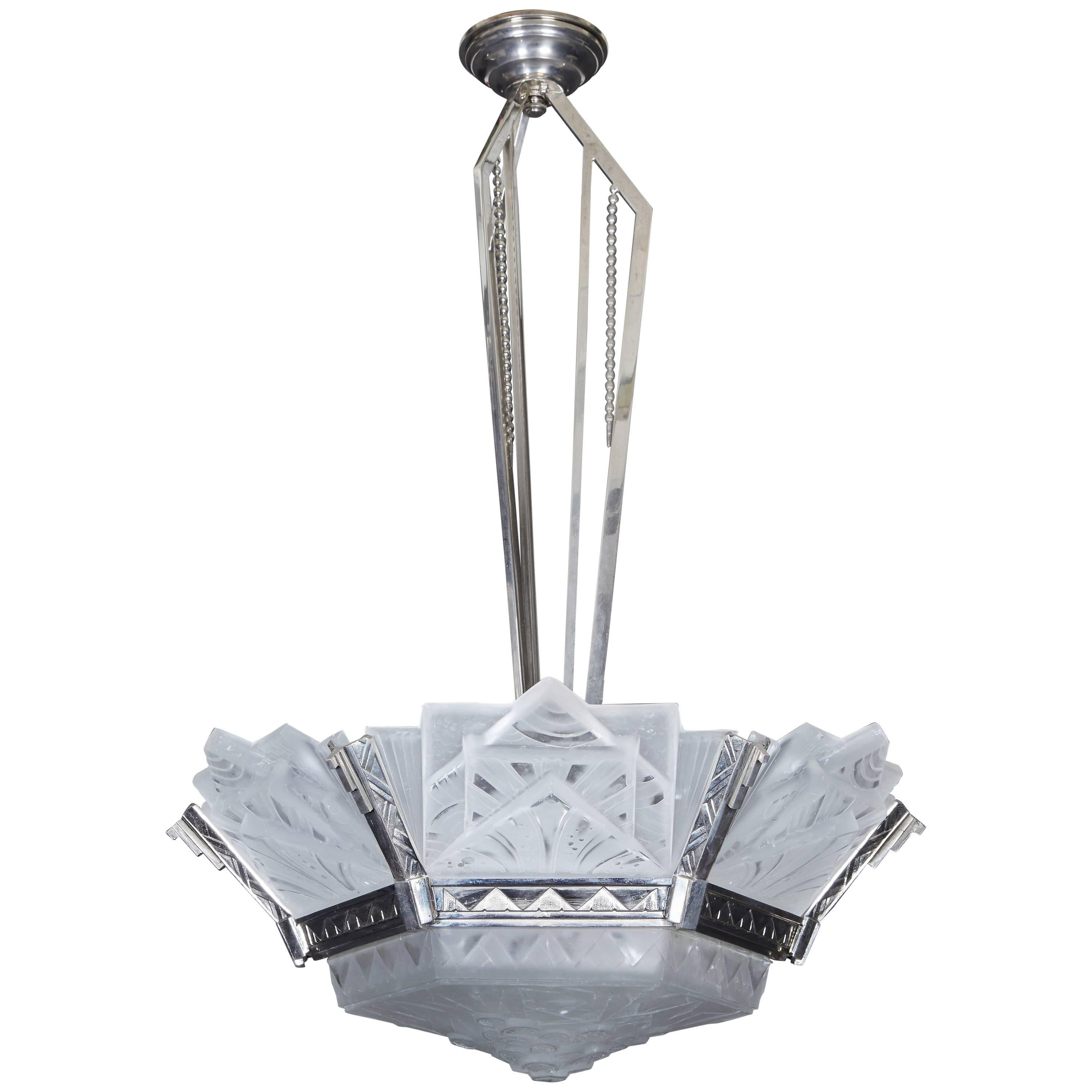 French Art Deco Original Geometric Chandelier Signed Muller Frères Luneville For Sale