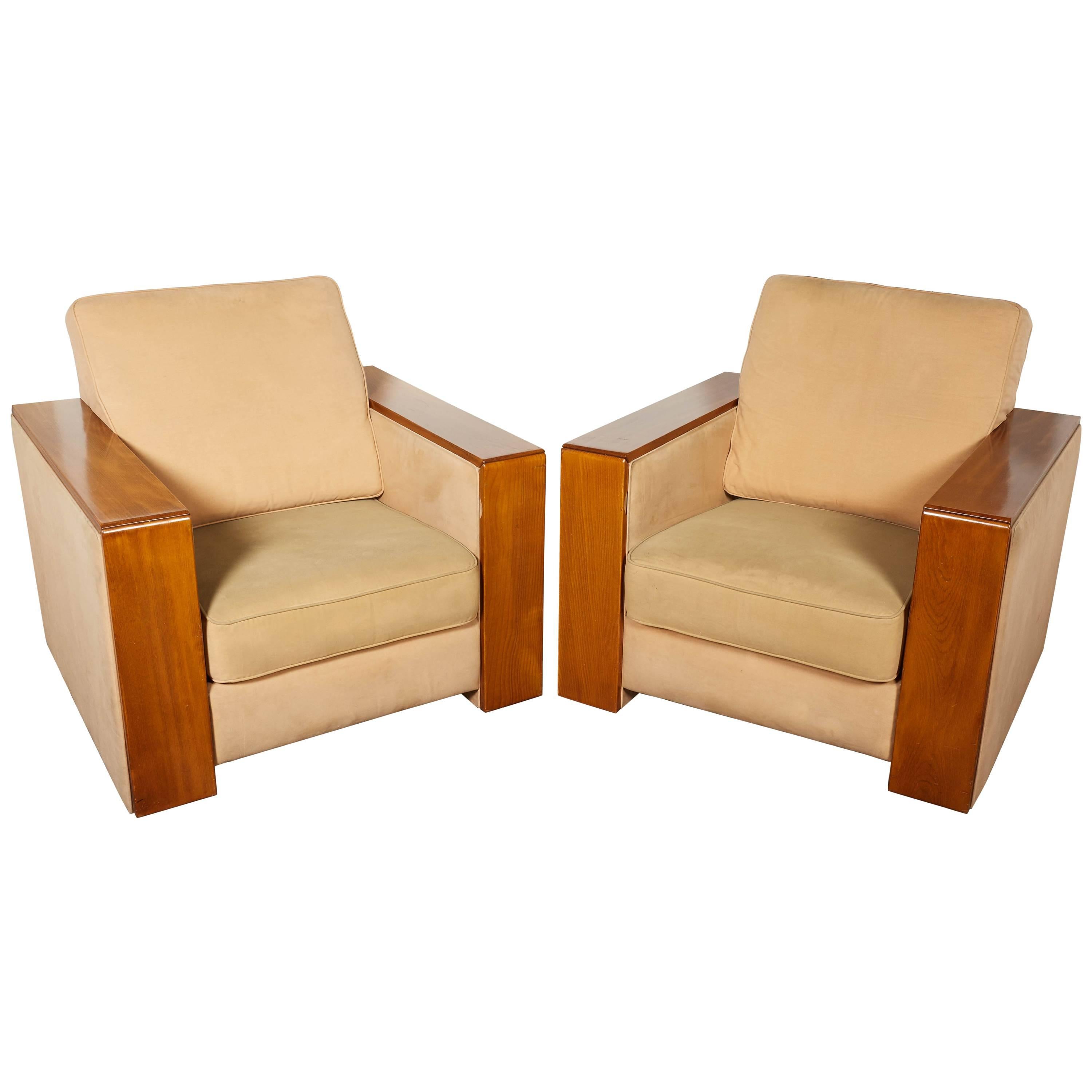 Pair of Large French Mid-Century Modern Wide Arm Cubist Club Chairs
