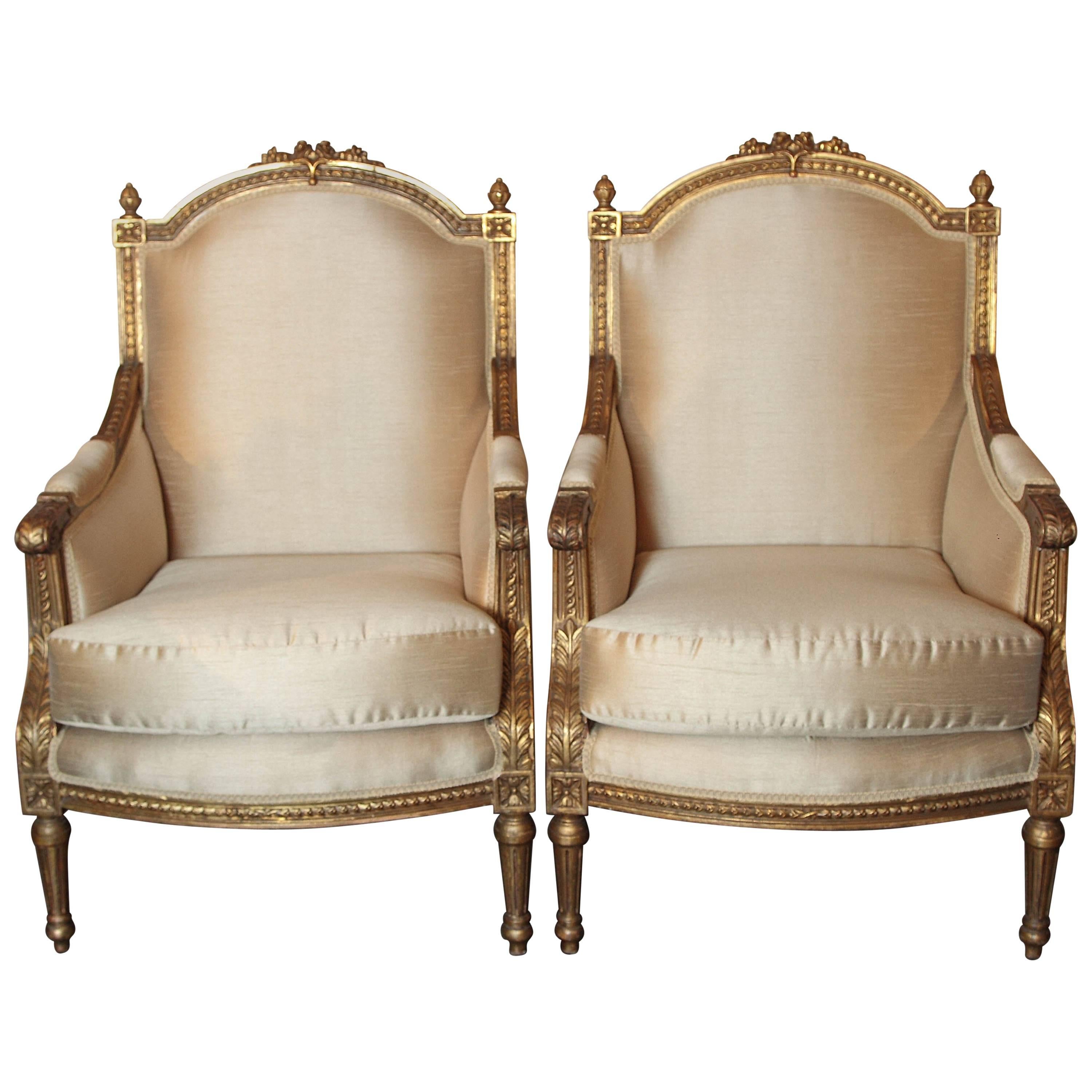 Pair of Late 19th Century French Gilt Carved Louis XVI Bergeres